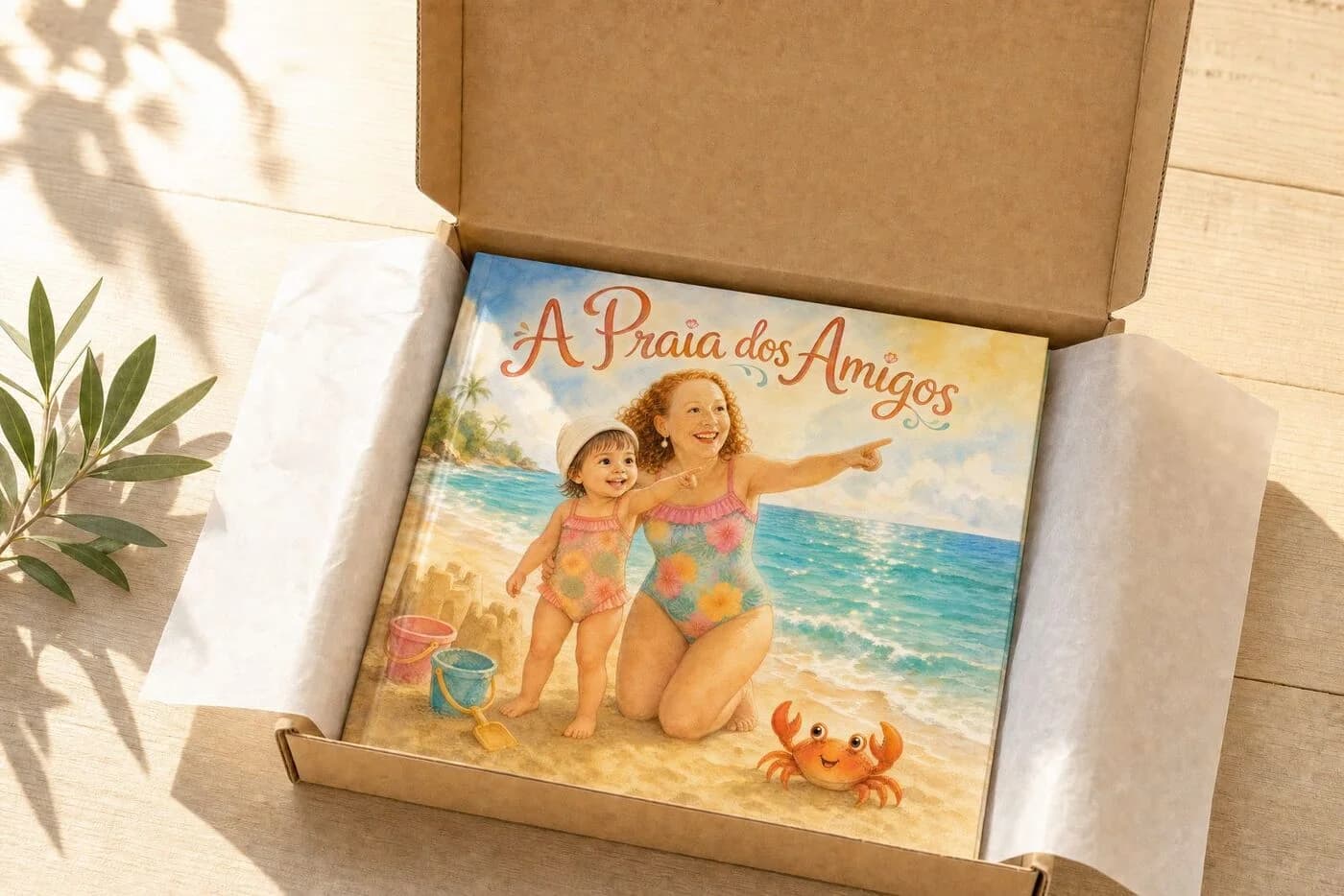 Livro impresso A Praia dos Amigos dentro de uma caixa aberta, envolto em papel de seda