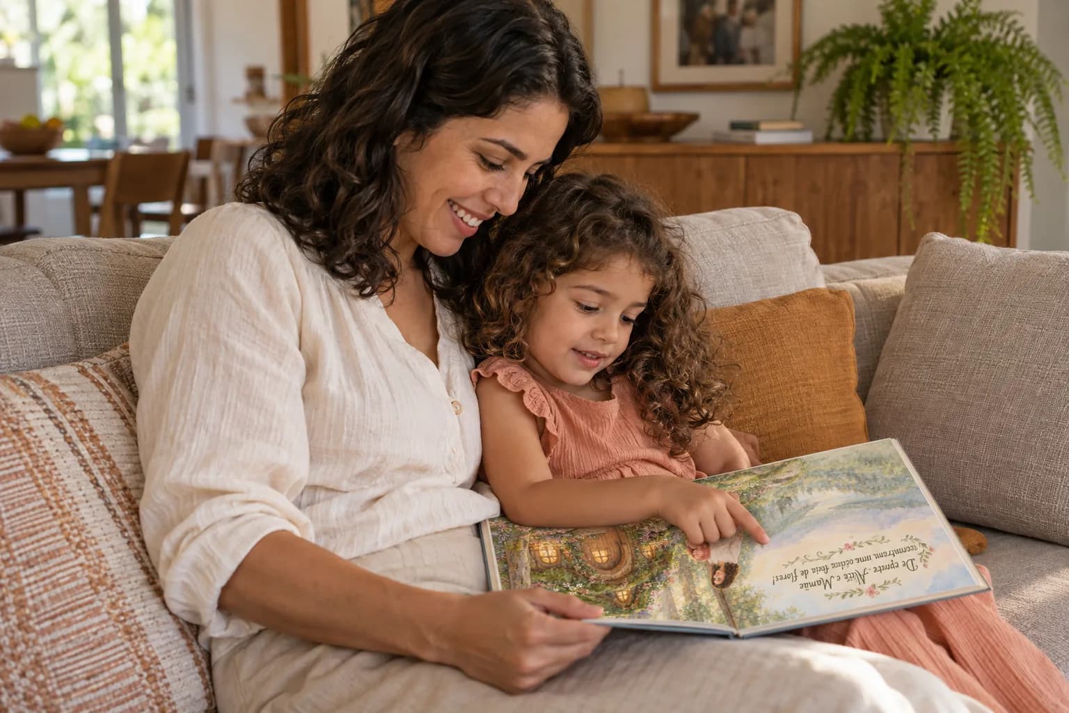 Cena ilustrativa de mãe e filha lendo juntas o livro da Encantoria no sofá